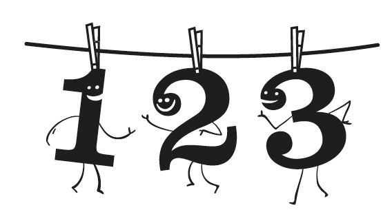 numerals one, two, and three hang from a clothesline